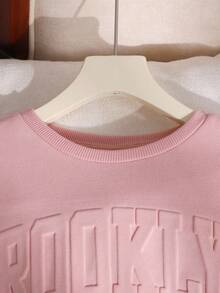 SHEIN 2 件套青少年女孩宽松休闲压花字母图案圆领套头衫和运动裤运动服，粉色 - 藕粉色 - 查看 3