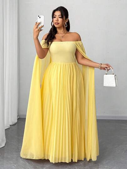 Elenzga Vestido maxi de gasa con volantes y hombros descubiertos para mujer de talla grande, adecuado para fiestas, invitados de boda, primavera/otoño/invierno