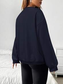 SHEIN EZwear 秋冬海军蓝针织毛绒基本款圆领运动衫 - 藏蓝色 - 查看 2