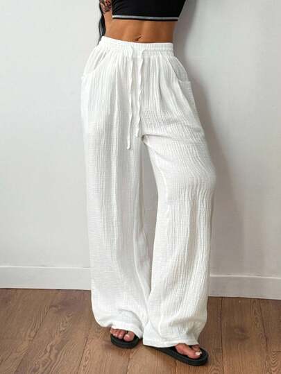 Coolane 女士夏季音乐会狂欢节外出文艺复兴博览会日常穿着纹理褶皱白色阔腿裤