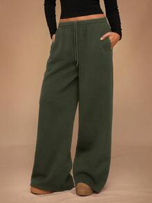 SHEIN Forever 21 Autumn/Winter New Casual Thermal Lined Loose Elastic Waist Wide Leg Sweatpants - Army Green - View 6