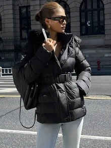 DAZY Women's Hooded Padded Coat With Fur Collar, Waist Cinched Winter Jacket - Black - View 4