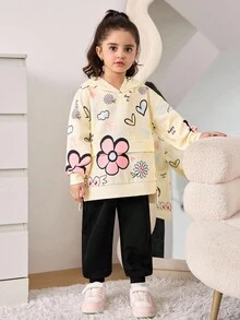 SHEIN 2 pièces/Set Tenue de sport décontractée, sweat-shirt à capuche oversize avec imprimé de fleur de cœur de bande dessinée et slogan en anglais, assorti avec un pantalon de jogging en tricot, convient pour l'automne/l'hiver, retour à l'école - Nude - Voir 7