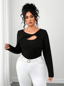 Elenzga Plus Size Women Asymmetrical Textured Fabric T-Shirt - Black - View 3