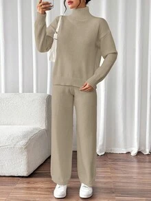 Pariaura 2件套女士休闲立领落肩毛衣套装 - 駝色 - 查看 4