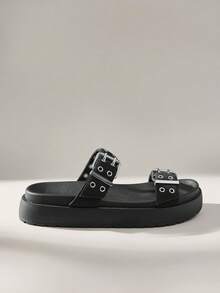 Solecia 女士时尚黑色厚底沙滩度假平底拖鞋 - 黑色 - 查看 1