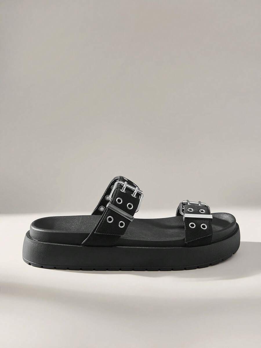 Solecia 女士时尚黑色厚底沙滩度假平底拖鞋 - 黑色 - 查看 1