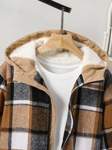 休闲时尚拼色格子灯芯绒内衬连帽夹克，适合青少年男孩，宽松版型，舒适百搭，适合秋季、春季、冬季、日常穿着、通勤、户外、运动、学校、街头服饰、派对、摄影 - 彩色 - 查看 3