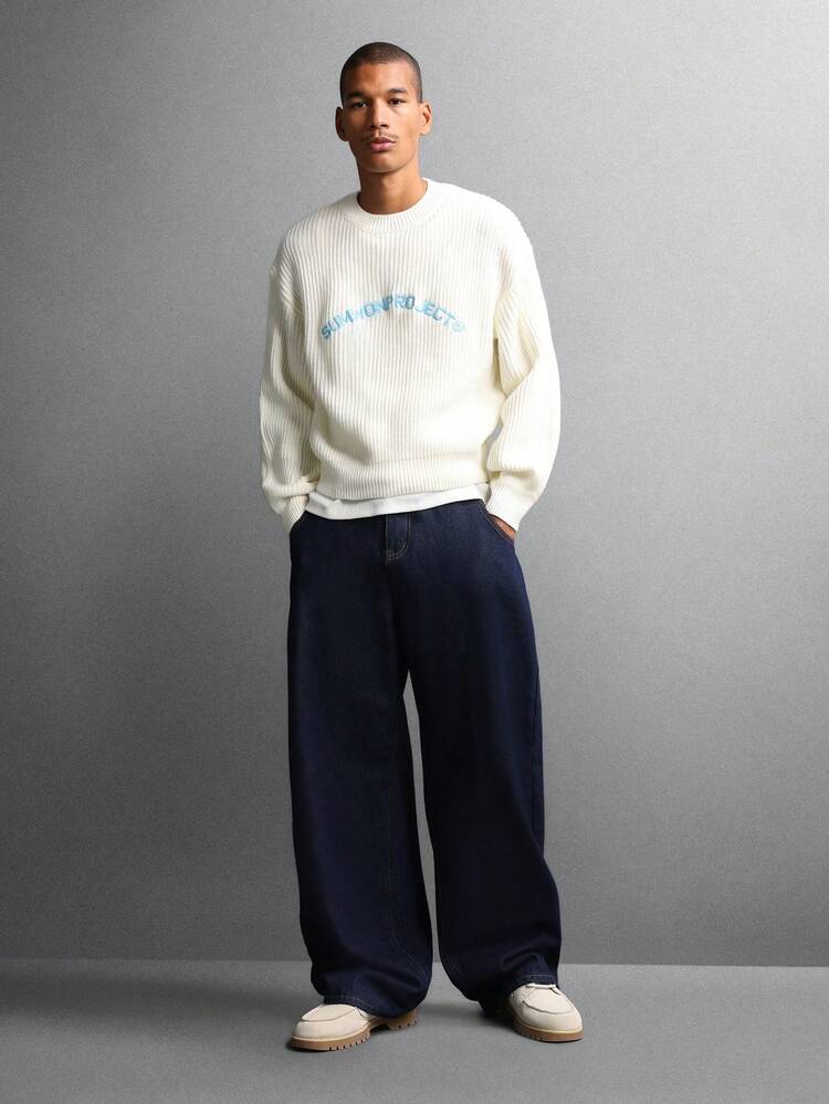 Textured Crew Neck Cable Knit Jumper With Ribbed Cuffs