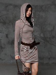 Bloopia Women's Autumn/Winter Halloween Y2K Chic Casual Ruched Striped Digital Print Hooded Long Sleeve Midi Dress Fall Cloth For Women - Multicolor - View 4