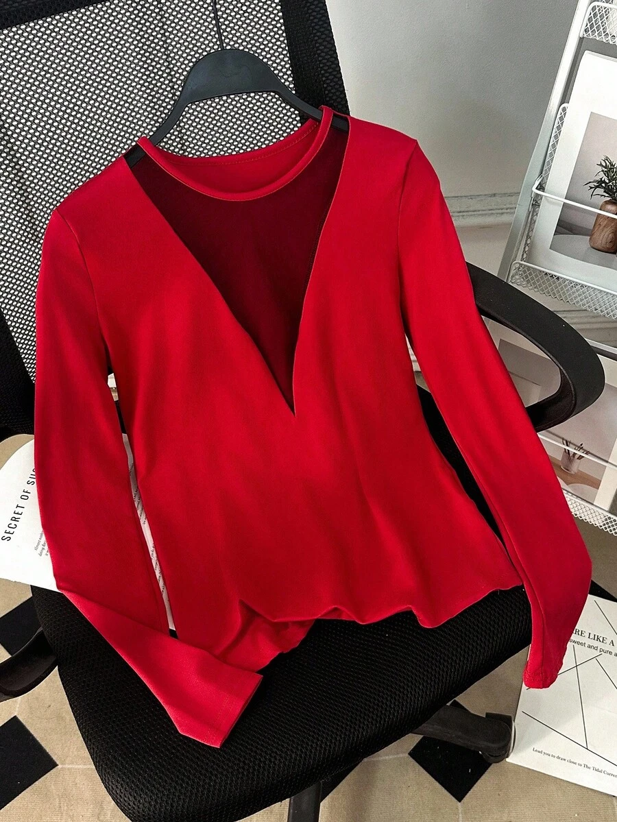 SHEIN PETITE 女士网眼拼布休闲长袖修身圆领 T 恤 - 紅色 - 查看 1