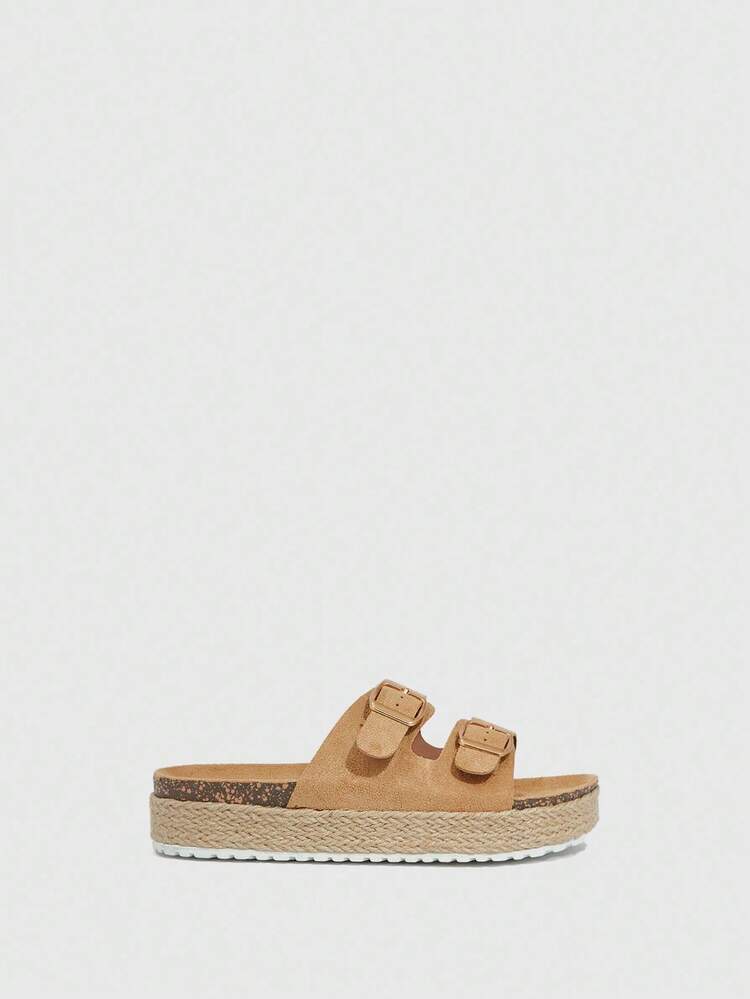 女性用 シューズ ダブルバックル装飾 ウェッジスライド バケーション ブラウン フェイクスエードサンダル 夏用 バケーションシューズ サマーセール、ビルケンシュトック 新学期用シューズ 大学生用シューズ クリスマス 秋 新年 ホリデーシューズ 女性用スニーカー