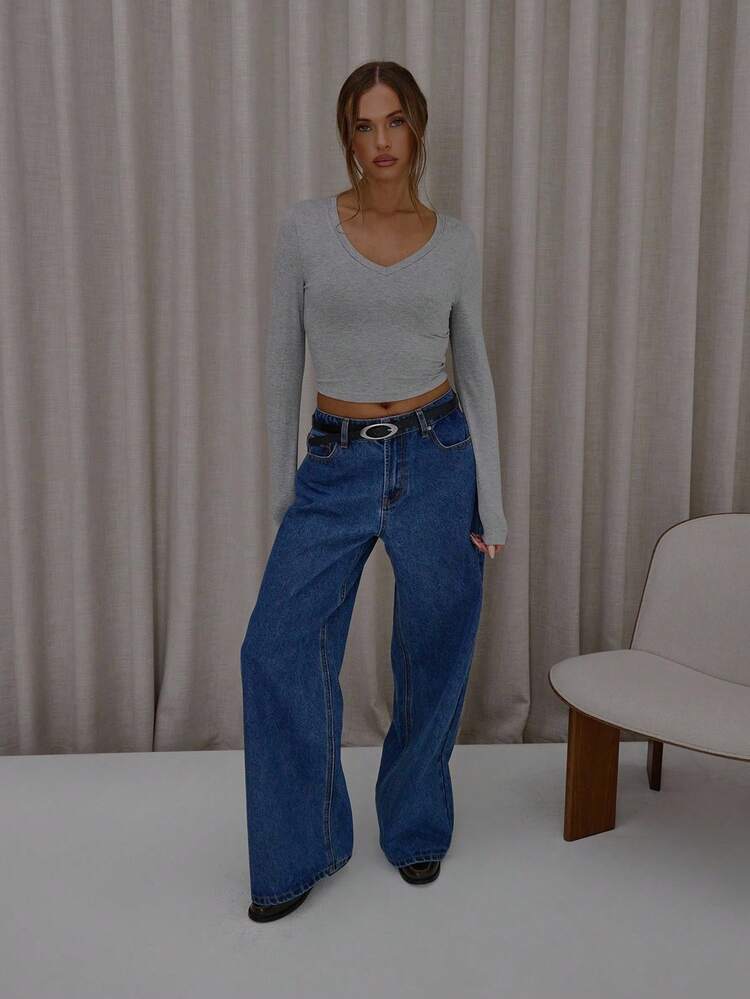 MUSERA Camiseta de Manga Longa com Decote em V, Ajustada, Bainha Curva, Elegante, Fofa, Sexy, Streetwear, Outono, Inverno, Primavera, Verão - Cinza - Visão 3