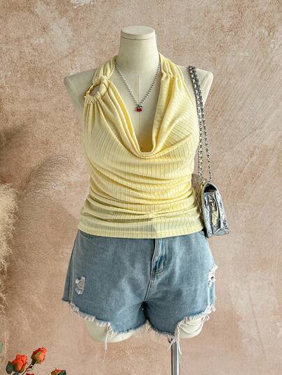 Soleia 大码女式露背纹理针织面料上衣，带金属肩带，性感修身时尚衬衫，适合派对、约会、婚礼、下午茶、西方音乐节、浪漫海滩度假、邮轮、春夏季