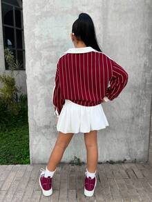 SHEIN Tween Mädchen Lässige Alltags Streetfashion Set aus burgunderrotem Sweatshirt mit Langarm und Blumen-Peplum-Rock