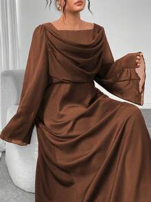 Modelyn Váy chữ A dài tay, thắt eo, chắp vá cỡ lớn - màu nâu - Xem 3