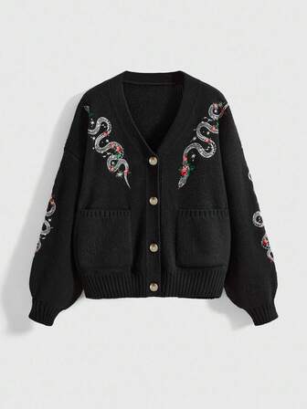 Goth Cardigan oversize con scollo a V, ricamo di serpente e luna, taglie comode