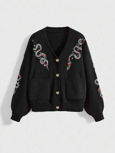 Cardigan ample à col en V avec broderie de serpent et de lune gothique, grande taille