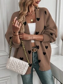 EMERY ROSE V-Neck Heart Print Knitted Cardigan For Women - Multicolor - View 1