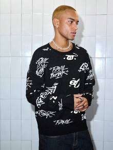 ROMWE MEN Paul Frank X ROMWE Men Cartoon Pattern Crew Neck Long Sleeve Sweater , Fall Winter - Black - View 5
