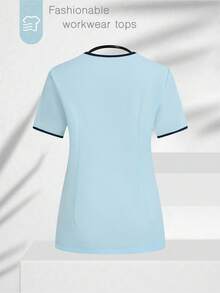 TaskEZ 女式 V 领口袋休闲短袖/护理手术服上衣，女士工作服，女士加大服装，两件套手术服，手术服套装，健身套装，女士手术服套装，护士手术服套装，女士职业装，女士套装 - 藍白色 - 查看 2