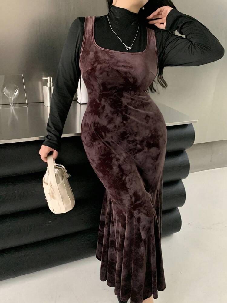 Dazy Plus Christmas Velvet Elastic Bodycon Sleeveless Suspender Dress, Elegant Long Mermaid Dress For Plus Size Women, Autumn/Winter