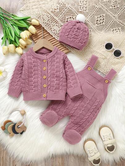SHEIN Vintaside Kids 3-delat stickat set för nyfödda - Bekväm minimalistisk kofta med rund hals och lång ärm, i kombination med haklappsoverall och söt mössa