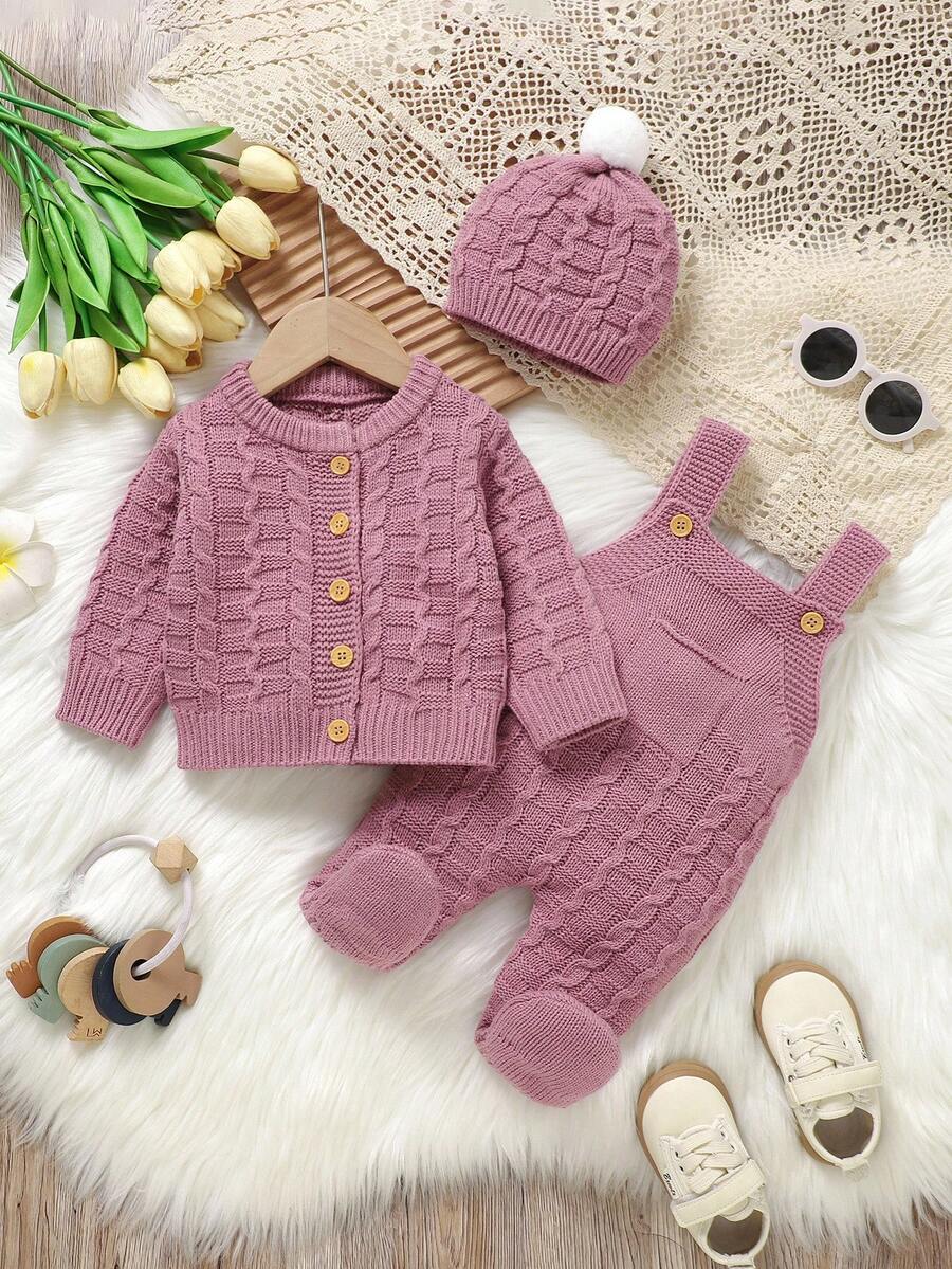 SHEIN Vintaside Kids 3 件套新生儿针织服装套装 - 舒适简约圆领长袖开衫，搭配围兜和可爱帽子 - 粉色 - 查看 1
