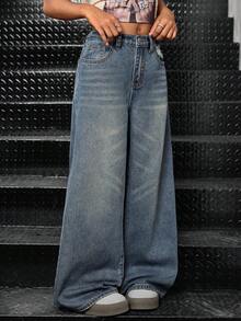 SHEIN 少女Y2K时尚90年代高腰星形拼接流苏低腰破洞宽松阔腿牛仔裤，毛边裤脚和斜插口袋，休闲学院风，舒适时尚简约实用百搭柔软面料，秋冬返校季，秋季，街头风，Y2K宽松牛仔裤，阔腿牛仔裤，宽松牛仔裤，Y2K复古水洗牛仔宽松牛仔裤，街头牛仔裤 - 中等水洗藍 - 查看 5