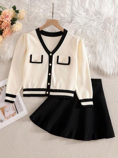 Sparklyn 青少年女孩毛衣套装，优雅的玛德琳黑白针织毛衣 + 裙子两件套，适合日常穿着、通勤、旅行，适合秋冬季