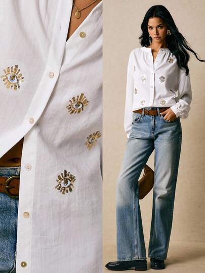 Poéselle Blusa de algodón con bordado de ojo malvado estilo bohemio - Camisa blanca de manga globo con botones delanteros, Blusa bohemia bordada, Blusa blanca para mujer, Camisa de manga globo, Bordado con motivo de ojo, Blusa estilo Cottagecore, Festivales para mujeres, Camisa de moda de manga larga con patrón de ojo de lentejuelas para mujer, Disfraces de Halloween, Otoño para mujeres