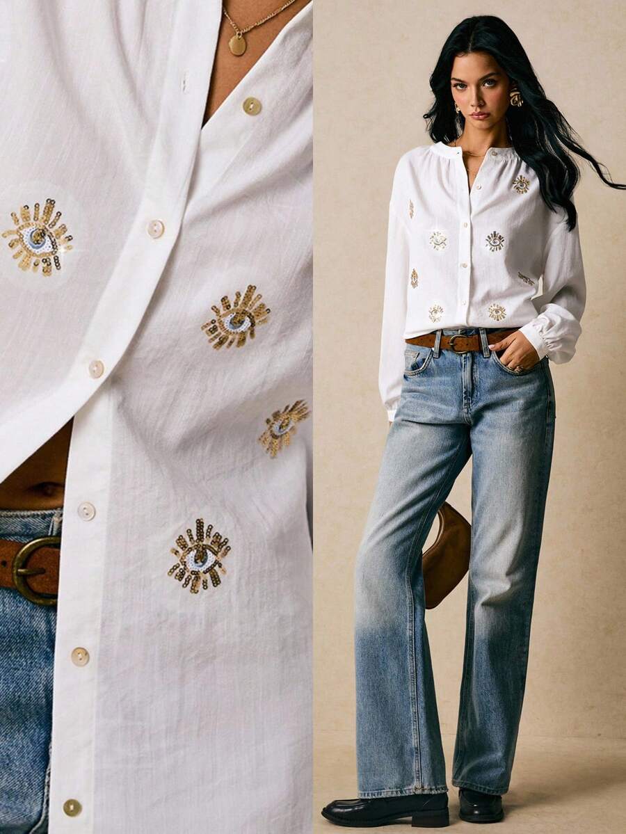 Poéselle Blouse en coton brodée d'œil du mal de style boho - Chemise à manches ballons à boutons blancs, Top boho brodé, Blouse blanche pour femmes, Chemise à manches ballons, Broderie motif œil, Blouse cottagecore, Festival femmes, Chemise mode à manches longues à paillettes motif œil pour femmes, Costumes d'Halloween, Automne femmes - Blanc - Voir 1