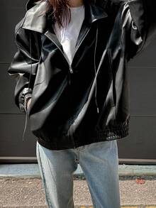 DAZY Women's Versatile Hooded PU Leather Jacket, Casual Loose Elastic Waist Leather Coat Winter