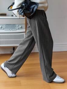 DAZY 女式条纹商务休闲常规裤秋季 - 深灰色 - 查看 3