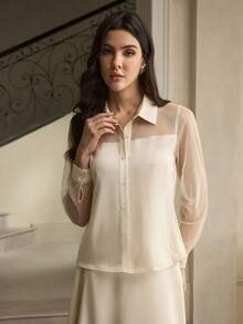 ZEYLAH 优雅女士波尔卡圆点网眼拼布长袖衬衫 - 杏色 - 查看 4