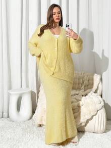Auralis Plus Size Women Solid Color Long Sleeve Single-Breasted Knitted Cardigan And Knitted A-Line Skirt Casual Suit, Yellow Plus Size Spring - Yellow - View 11