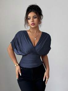 Elenzga Women's Spring/Summer Mesh Elastic Knit Lining Elegant Vacation Beach Commute Casual French Romantic Crossover Shirred Gathered Shoulder Sleeve Waist Ruched Drawstring Ruffle Hem T-Shirt Blouse