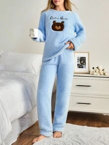 EURMUSE 女士两件套毛绒绒可爱小熊刺绣家居睡衣套装 - 藍色 - 查看 5