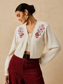 Travachic Cárdigan de mujer de talla grande bordado para otoño/invierno - Blanco - Ver 1