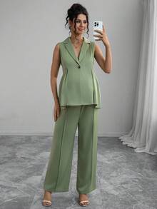 Momance Sleeveless Suit Set, Elegant & Romantic Fitted Waistline Business Maternity Outfit - Green - View 7