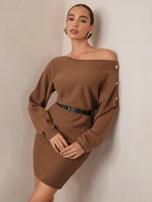 Modelyn Gaun Sweater Wanita dengan Gesper dan Bahu Terbuka - Coffee Brown - View 7