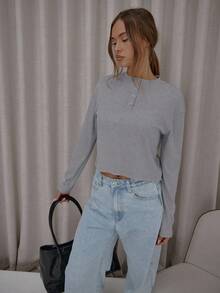 MUSERA Áo thun dáng rộng, cổ bấm, chất liệu gân, kiểu dáng thanh lịch, dễ thương, gợi cảm, thích hợp cho mùa thu, đi chơi đêm, kỳ nghỉ, xuân hè. - Xám - Xem 5