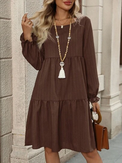 EMERY ROSE Women's Solid Color Round Neck Lantern Sleeve Ruffle Hem Casual Loose Mid-Length Dress