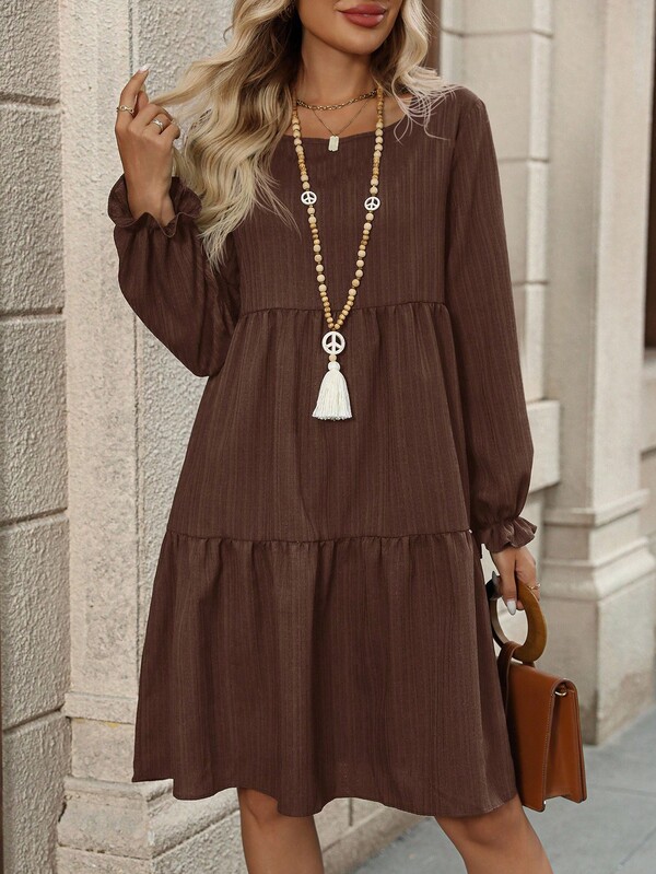 EMERY ROSE Women's Solid Color Round Neck Lantern Sleeve Ruffle Hem Casual Loose Mid-Length Dress