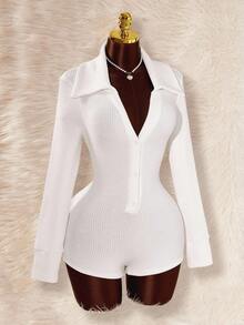 Amplova 女式纯色长袖单排扣休闲翻领连体裤白色连体衣女式白色连体衣女式紧身衣 - 白色 - 查看 1