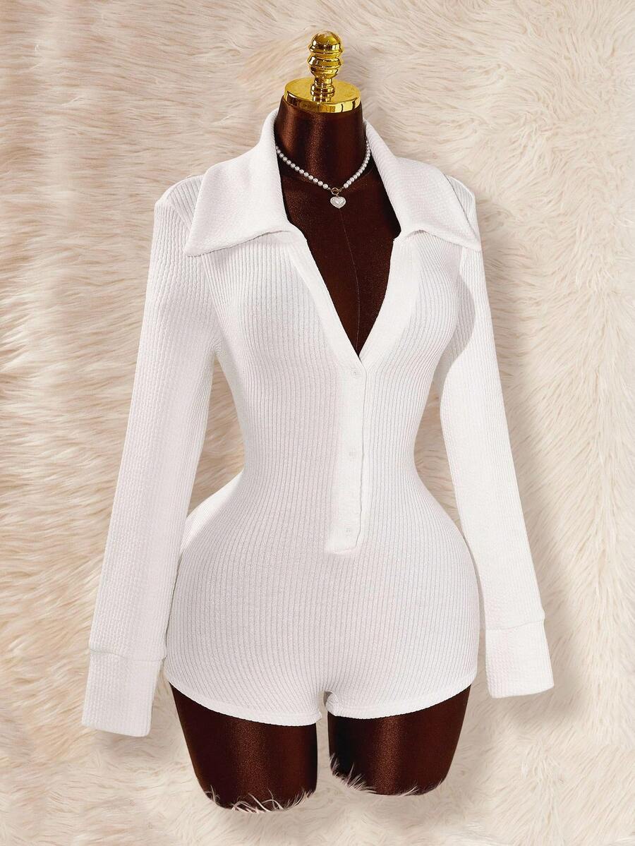 Amplova 女式纯色长袖单排扣休闲翻领连体裤白色连体衣女式白色连体衣女式紧身衣 - 白色 - 查看 1