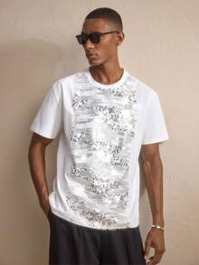 AKNOTIC Men's Round Neck Short Sleeve Sequin Patchwork Design T-Shirt - White - View 1