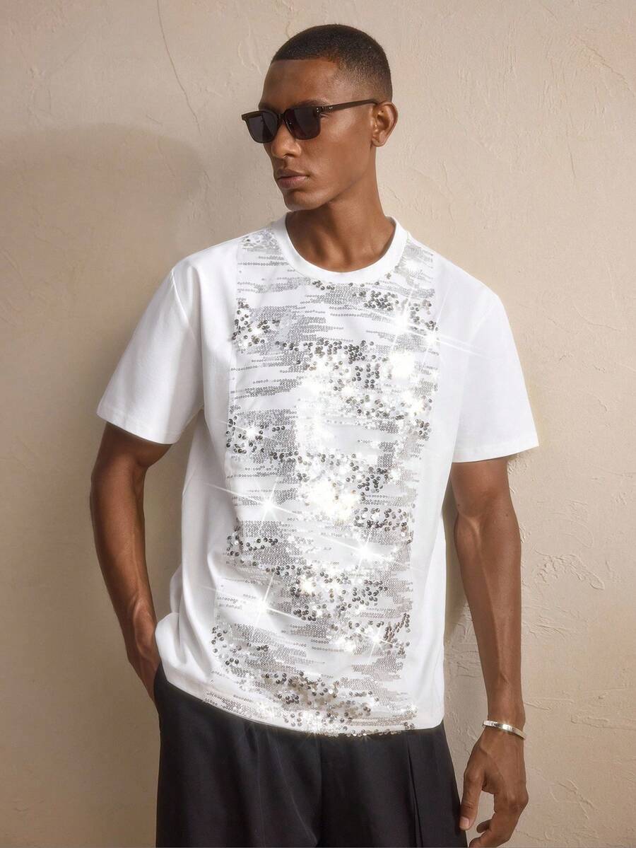 AKNOTIC Men's Round Neck Short Sleeve Sequin Patchwork Design T-Shirt - White - View 1