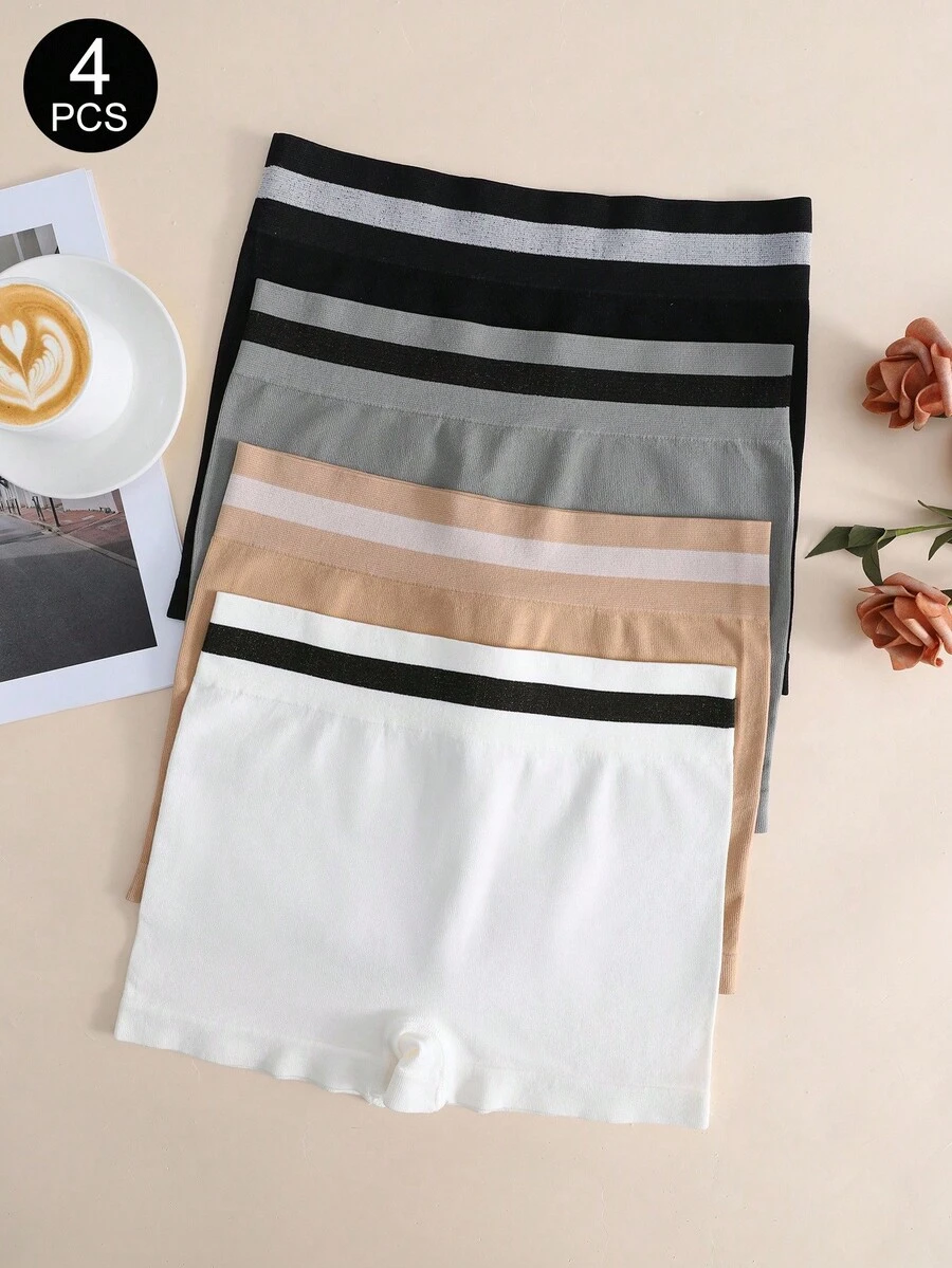 4 件套 NudeFit 女式高腰条纹无缝内裤，简约舒适 - 彩色 - 查看 1