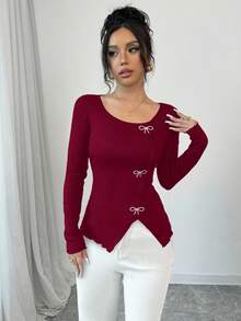 SHEIN Elenzya 女士蝴蝶结装饰简约长袖T恤，春季日常休闲穿着 - 酒紅色 - 查看 6